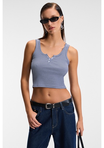 Ethıquet MAVSERA Kadın Kalın Askılı U Yaka Patlı Düğmeli Crop Slim Lacivert / Beyaz Atlet