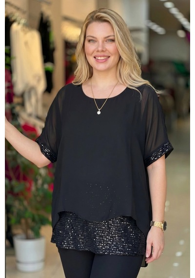 Aytemas Eteği Pullu Şifon Bluz siyah