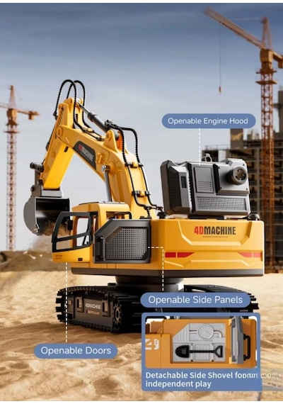 Metal Başlıklı Buharlı 1:18 Ölçekli Uzaktan Kumandalı 10 Fonksiyonlu 2.4 Ghz Oyuncak Ekskavatör Sarı