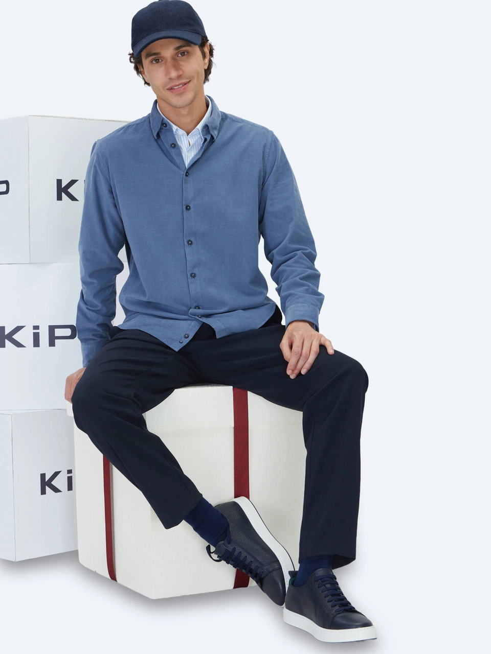 Kip Mavi Çizgili Regular Fit Dokuma Kadife Casual %100 Pamuk Gömlek Mavi