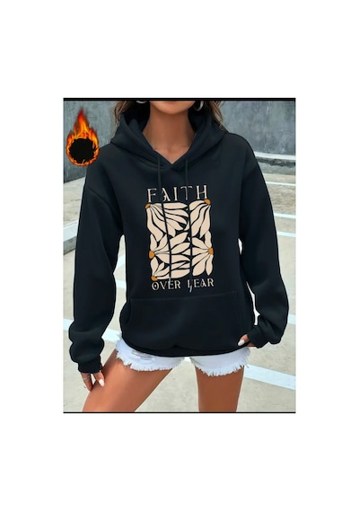 Medinenur Faith Over Baskılı Kapüşonlu Sweatshirt Lacivert