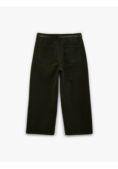 Koton Kemer Detaylı Pamuklu Kısa Geniş Paça Pantolon - Wide Leg Jeans Haki 6sal40052mw