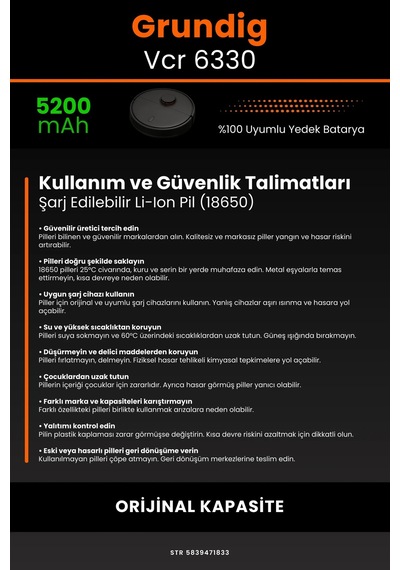 Grundig Uyumlu Vcr 6330 5200mAh Robot Süpürge Bataryası