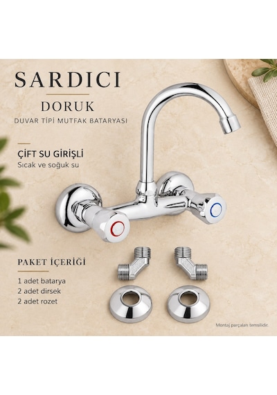 Sardıcı Doruk Krom Duvar Tipi Dik Borulu Mutfak Evye Bataryası Çift Su Girişli Dirsek Rozet Takımı Dahil