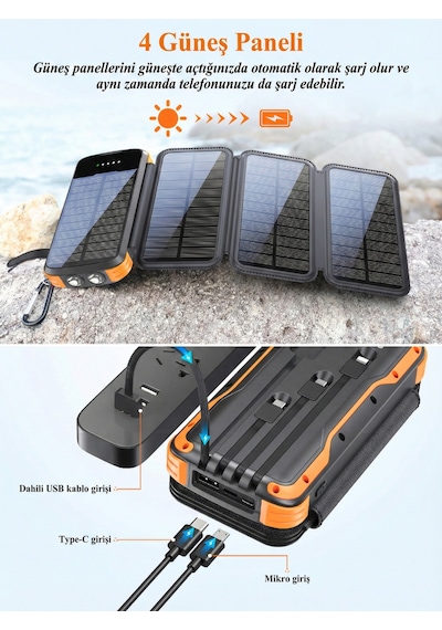 20000mah Solar Powerbank - Katlanabilir 4 Panel, Darbeye Dayanıklı Kasa Ve Fenerli Kamp Şarj Aleti Siyah Turuncu