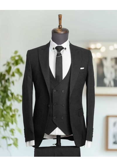 Beystil Sivri Yaka Siyah Takım Elbise Bezayak - Slim Fit Siyah