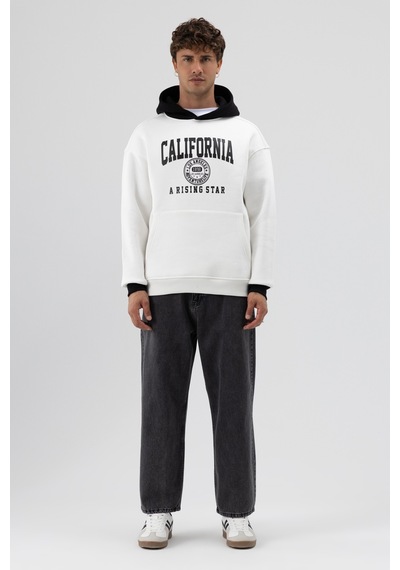 Vamos Çift Renk Baskılı Oversize Sweatshirt Ekru