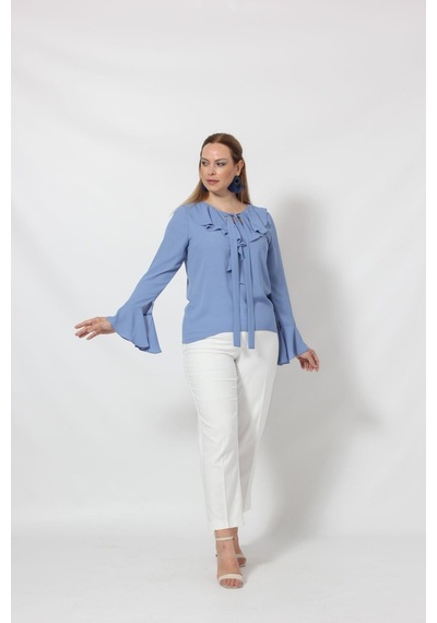 Moda Berray 3241-5i İndigo İspanyol Kol Boyun Bağlama Detaylı Bluz İndigo