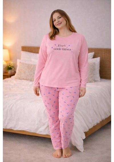 Nisanca Kadın Büyük Beden Uzun Kollu Rahat Pijama Takımı Yumuşak Dokulu Konforlu Ev Giyimi Pudra