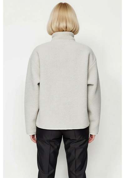 Benerly Kadın Dik Yaka Düşük Kol Tam Fermuarlı Peluş Sweatshirt Fonksiyon Gri