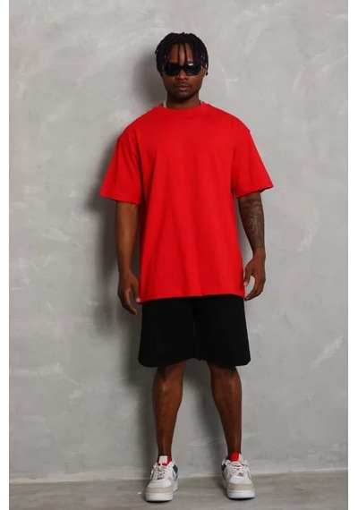 Yake Store Unisex Oversize Düz Bisiklet Yaka T-shirt - Kırmızı - Kırmızı