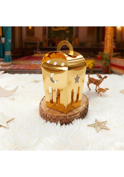 Ramazan Temalı Dekoratif Fener Kutusu, Ay Yıldız Kesim Hediyelik Kutu Seti, Altın, 6x9 Cm - 6 Adet