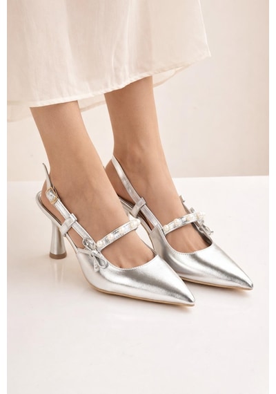Modaonn Kadın Sivri Burun İnci Detaylı Slingback İnce Topuk Rugan Ayakkabı Gümüş