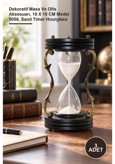 3 Adet Pirinç Kumsaati Dekoratif Masa Ve Ofis Aksesuarı, 18 X 10 Cm Model 5056, Sand Timer Hourglass Diğer