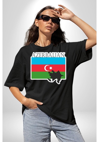 Azerbeycan Bayrak Ülke Pamuklu Bisiklet Yaka Unisex Oversize Boyfriend Dijital Baskılı Siyah T-shirt Siyah