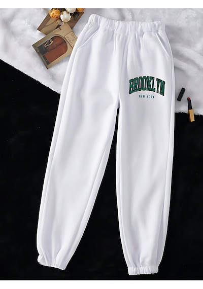 Brooklyn New York Eşofman Altı Jogger - Baskılı Lastik Paça Yüksek Bel Beyaz