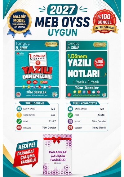 Tonguç Akademi 5. Sınıf Yazılı Notları Ve Yazılı Denemeleri 1. Dönem 1 Ve 2. Yazılı 2'li Set 2027 Oyss Uygun Maarif Model