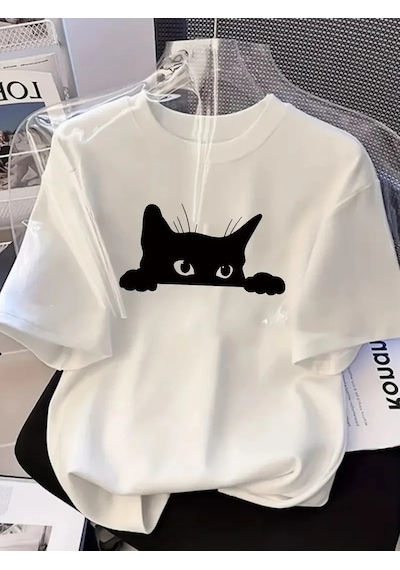 Kadınlar İçin Siyah Kedi Grafik Tişört - Oversize Kısa Kollu Üst Nefes Alabilir - Beyaz Beyaz