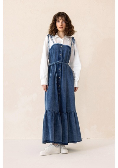 Olcay Gömlek Espirili Eteği Volanlı Denim Elbise Mavi 9305-e