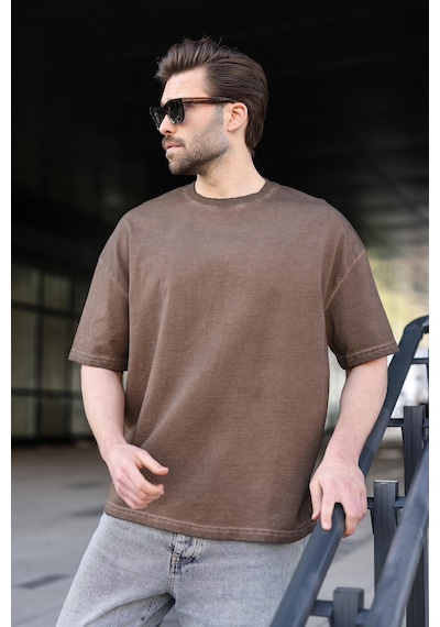 Madmext Kahverengi %100 Pamuklu Bisiklet Yaka Oversize Erkek Tişört E7177 Kahverengi