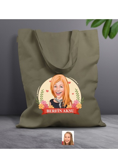Bk Gift Kişiye Özel Anneler Günü Karikatürlü Haki Kumaş Bez Çanta, Baskılı Omuz Çantası, Alışveriş Çantası, Anneye Hediye-6 Haki
