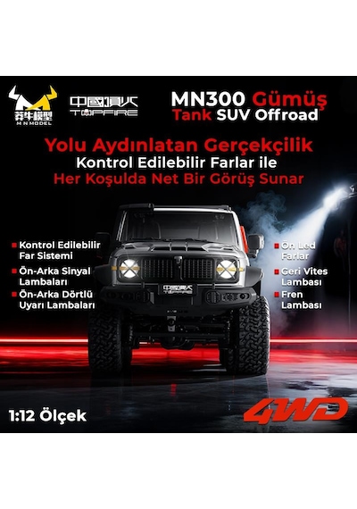 Mn Model Mn300 1/12 Tank Suv 4wd Rc Crawler Offroad Uzaktan Kumandalı Araba Arazi Aracı Model Car Truck Rtr Gümüş Mn-300 +dahili Işık Seti