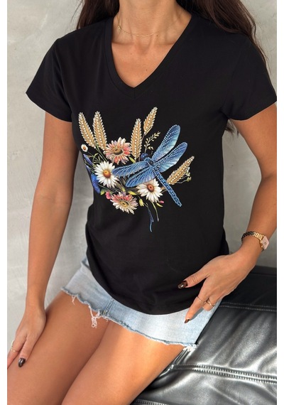 Femelle Kadın Siyah V Yaka Yusufçuk Desenli Pul Payet Boncuk İşlemeli %100 Pamuk T-shirt