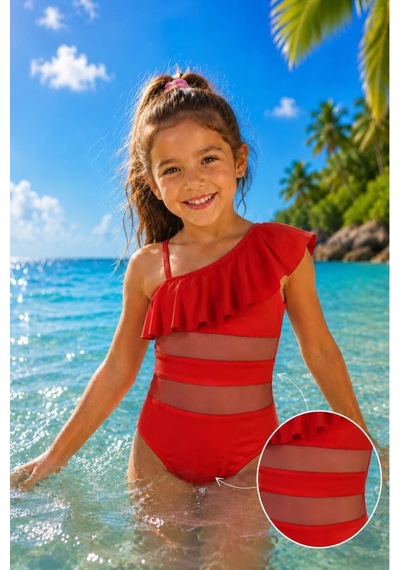 My Kids Wear Kız Çocuk Fırfır Ve Tül Detaylı Tek Parça Mayo. 12835 Kırmızı