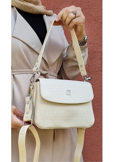 Just Polo Kadın Orta Boy Kabartma Baskılı Lüks Ve Şık El & Omuz Çantası Shoulder Bag Krem