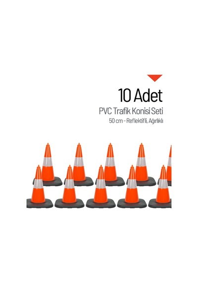 10 Adet Pvc Trafik Konisi 50 Cm Reflektifli Ağırlıklı Trafik Dubası Seti-3549