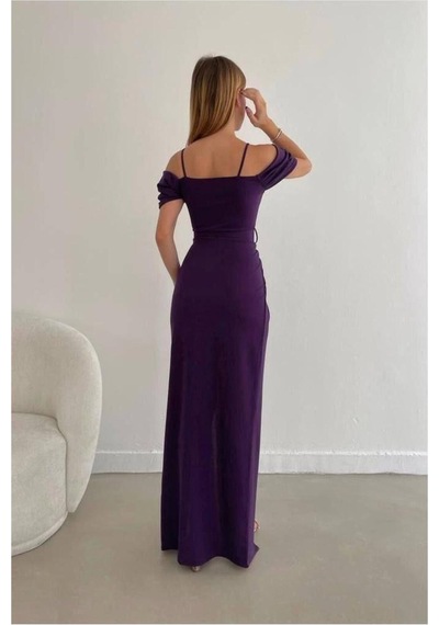 Lior Design Kadın Trend Krep Kumaş V Yaka Yırtmaçlı Abiye Elbise Mor