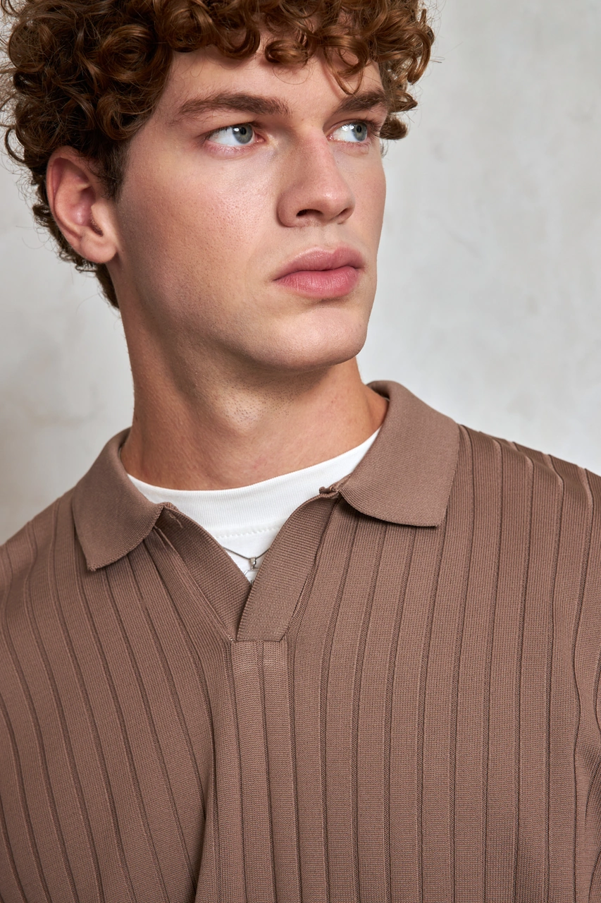 Erkek Polo Yaka Fitilli Oversize Triko Kazak Vizon