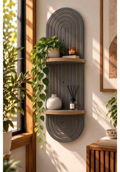 Antrasit Ahşap 2 Katlı Modern Duvar Rafı 85x30