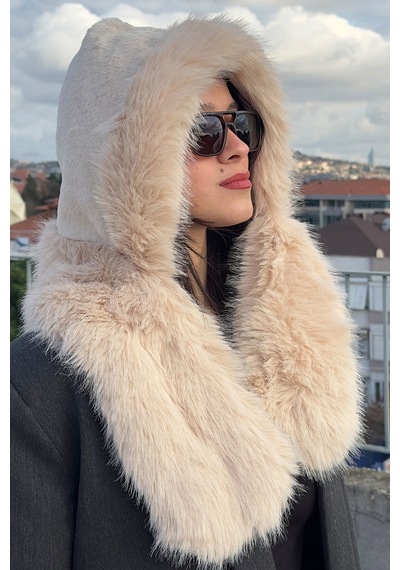 Mollycrush Kadın Bej Suni Kürk Eşarp Atkı Şapka Kışlık Sıcak Tutan Soft Peluş Model Bej