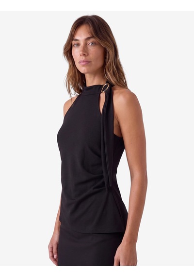 Koton Slim Fit Drapeli Asimetrik Metal Aksesuarlı Dik Yaka Kolsuz Bluz Siyah 7wak10181ek