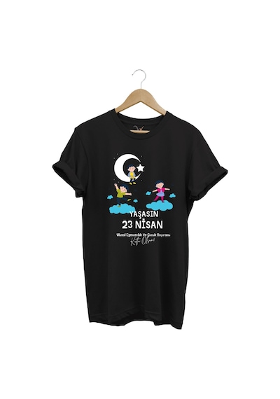 23 Nisan Çocuk Bayramı Baskılı %100 Pamuk Regular Fit Bisiklet Yaka Premium Siyah T-shirt Siyah