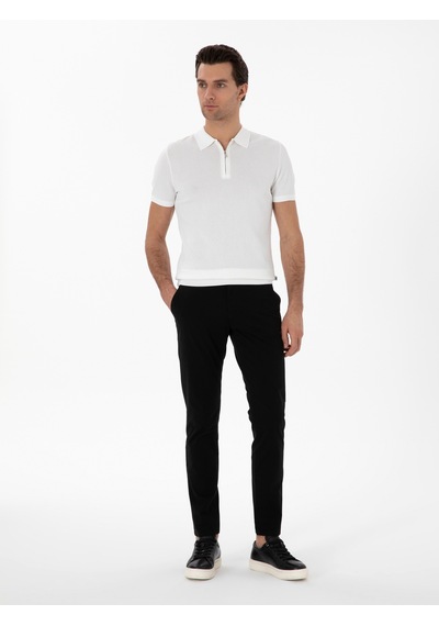 Ekru Slim Fit Fermuarlı Polo Yaka Triko T-shirt Bej