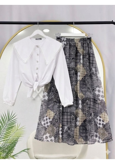Lovie Moda Kadın Beyaz Fisto Gömlek Beli Lastikli Desenli Şifon Etek Takım - Siyah
