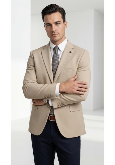 Plus Scorpion Ck 142 Slim Fit Mikro Desenli Erkek Ceket Yazlık Pike Kumaş Çift Yırtmaç Blazer Bej