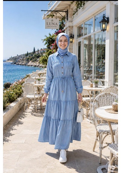 Hb Harma Time Butik Kadın Düğmeli Cepli Bağcıklı Tensel Kumaş Açık Mavi Kot Elbise Hb Harma Time Butik Kadın Düğmeli Cepli Bağcıklı Tensel Kumaş Açık Mavi Kot Elbise
