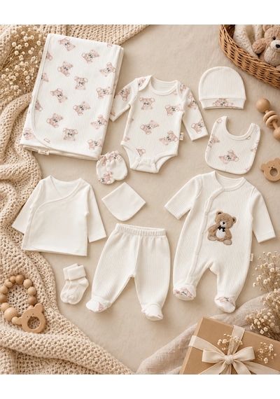 Eray Alp Kids Erkek Bebek Ayıcık Desenli Hastane Çıkışı 10'lu Set Beyaz