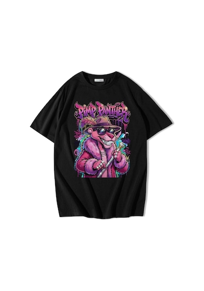 Brz Collectıon Brz Collection Unisex Oversize Ön Baskılı Pimp Panther T-shirt Siyah
