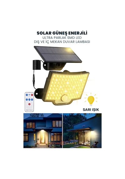 Technosmart Güneş Enerjili Bahçe Aydınlatması 106 Led, Sarı Işık, Kumandalı Ip65 Solar Duvar Lamba