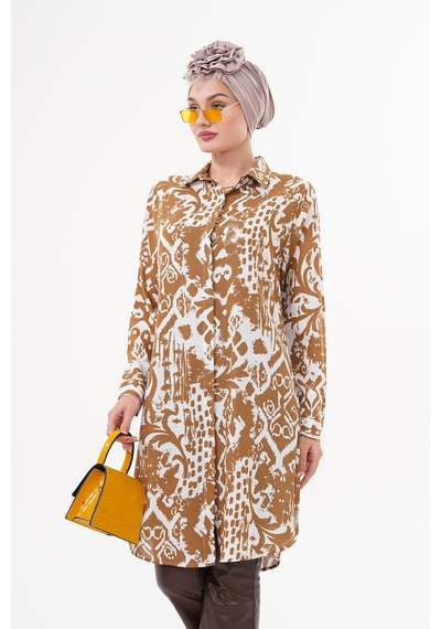 Polologin Butik Desenli Kahverengi Beyaz Tunik Kahverengi & Beyaz