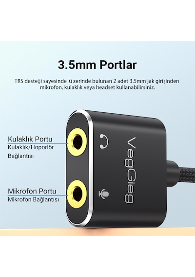 Veggieg V-K105 Type-C 3.5 MM Kulaklık ve Mikrofon Girişli Ses Kartı