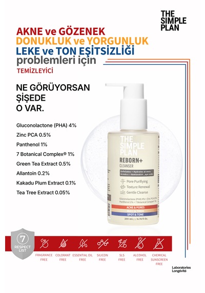 The Simple Plan Reborn+ Cleanser %4 Pha Glukonolakton + %0,5 Çinko Pca + %1 Pantenol, Arındırıcı Yüz Temizleme Jeli, 200 Ml