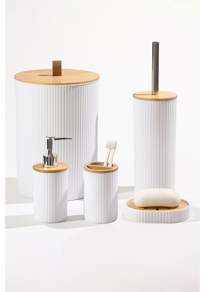 Makri Home 5 Parça Yuvarlak Banyo Seti, Bambu Kapaklı, Beyaz, Hacim: 7 Litre Beyaz