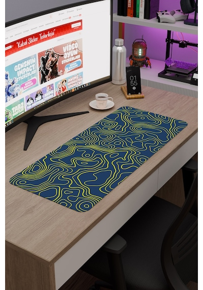 Sarı Lacivert 70x30 Xl Taraftar Gaming Oyuncu Mouse Pad Kaymaz Taban Büyük Fare Altlığı Topography