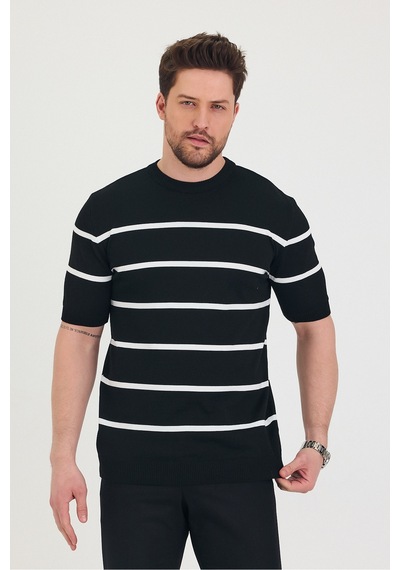 Cool Tarz Erkek Bisiklet Yaka Kalın Çizgi Detaylı Kısa Kollu Ince Triko T-shirt Siyah Siyah