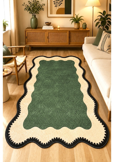 Neho Shape Green Makinede Yıkanabilir Kaymaz Taban Leke Tutmaz Dijital Salon Halısı Mutfak Halısı Ve Yolluk Asimetrik